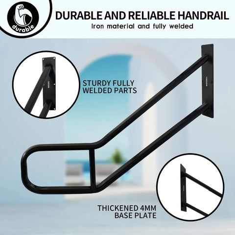 Sturdy Outdoor Step Handrail With Wall Mount Polished Black Oval Tube 0.8x1.6 Inch 31.2 Inch Length for Porch Steps