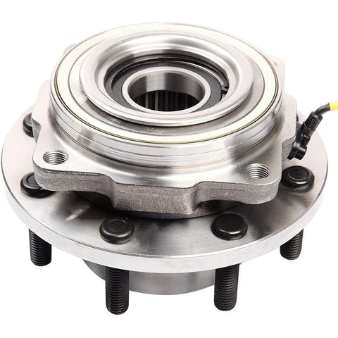 New Set Of Complete Front Wheel Hub And Bearing Assemblies For Dual Rear Wheel Trucks Fits 6.2L 6.7L V8 Engines Front Left And Right Polished And Rust Protected showing metal construction.