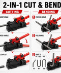 Heavy Duty 2 In 1 Manual Rebar Bender And Cutter Tool diagram showing cutting and bending instructions for up to 5/8 inch steel rods.