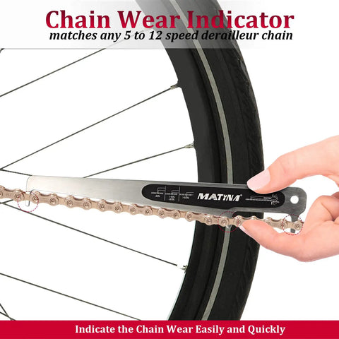Person using CC-4 Bike Chain Wear Gauge And Checker Tool For Quick And Accurate Chain Wear Readings on a bicycle chain