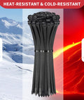 Heavy Duty Zip Ties 500 Pack Black Cable Ties In 8, 12, 14, 18 Inch Sizes, Ultra Strong 220 Lb Tensile Strength, Industrial Plastic Tie Wrap For Indoor Outdoor Cord Management And DIY Projects shown in front of cold and hot background.