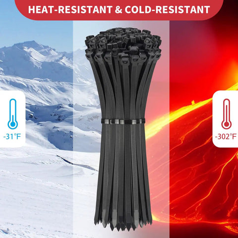 Heavy Duty Zip Ties 500 Pack Black Cable Ties In 8, 12, 14, 18 Inch Sizes, Ultra Strong 220 Lb Tensile Strength, Industrial Plastic Tie Wrap For Indoor Outdoor Cord Management And DIY Projects shown in front of cold and hot background.