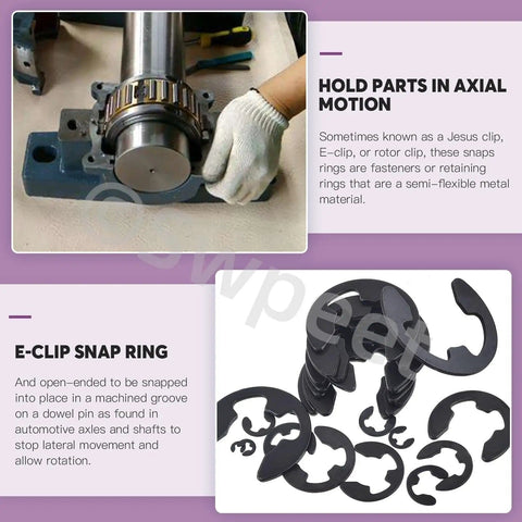 210 Piece E Clip Snap Ring Kit With Tweezers 14 Sizes M1.5 M2 M2.5 M3 M3.5 M4 M5 M6 M7 M8 M9 M10 M12 M15 High Carbon And Manganese Steel External Retaining Rings Set For Automotive Machinery And DIY Projects displayed with application example and individual snap rings.