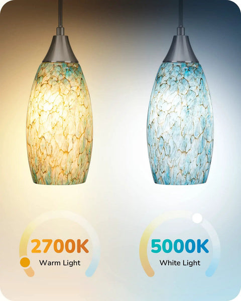 Edishine Handcrafted Art Glass Pendant Light With Turquoise Blue Swirl Shade showing warm and white light options