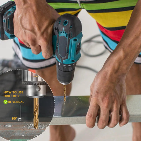 Person using power drill with Cobalt Drill Bit Set For Hardened Metals Stainless Steel Cast Iron And Wood Plastics, 29 Pc M35 HSS Twist Bits With Metal Index Box, Range From One Sixteenth To One Half Inch, 135 Degree Split Point For Easy Starts And Beast Longevity.