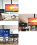 Badass Electric TV Lifter And Height Adjustable Monitor Arm in living room, office, and hall settings, showcasing various elevations.