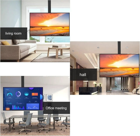 Badass Electric TV Lifter And Height Adjustable Monitor Arm in living room, office, and hall settings, showcasing various elevations.