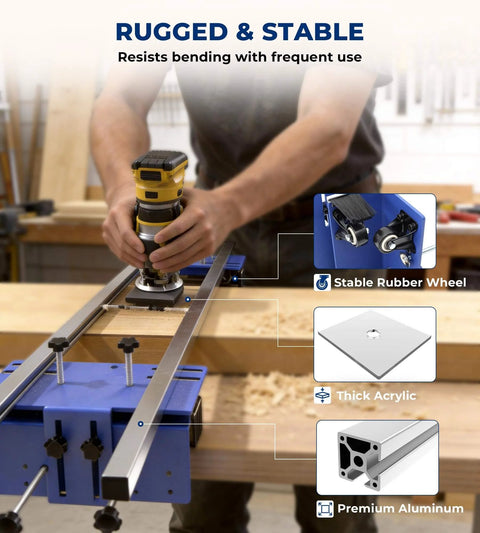 58 Inch Router Flattening Sled For Woodworking 5.5 Inch Height Adjustable Slab Flattening Jig with dust brush and wheels in use