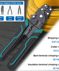 All In One Green Wire Crimping Tool For Insulated Bare And Heat Shrink Connectors 22 To 10 AWG with yellow coiled wire