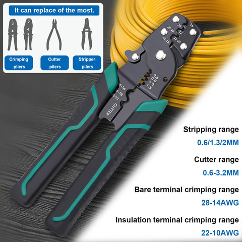 All In One Green Wire Crimping Tool For Insulated Bare And Heat Shrink Connectors 22 To 10 AWG with yellow coiled wire