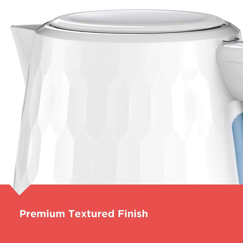 Close-up of 1.7L Cordless Electric Kettle With Rapid Boil, Auto Shutoff, And Water Window, Premium Textured Finish In White.