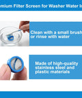 4 Pack Stainless Steel Washer Inlet Valve Filter Screen 0.79x0.39 Inches shown with cleaning instructions and close-up view