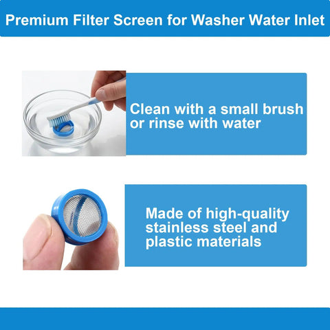 4 Pack Stainless Steel Washer Inlet Valve Filter Screen 0.79x0.39 Inches shown with cleaning instructions and close-up view