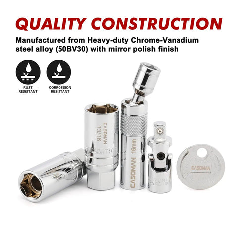 Magnetic Spark Plug Socket Set For 3/8 Inch Drive, 10 Piece Must-Have Kit With 6PT And 12PT Sockets on white background