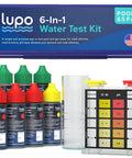 Top Shelf 6 In 1 Pool Water Test Kit For Swimming Pools And Hot Tubs Spot On Reads For Chlorine Bromine PH Base Demand Acid Demand And Alkalinity, includes five reagent bottles and test color chart.