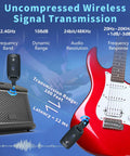 2.4GHz Wireless Guitar System With Plug And Play Rechargeable Transmitter And Receiver, red electric guitar and amplifier