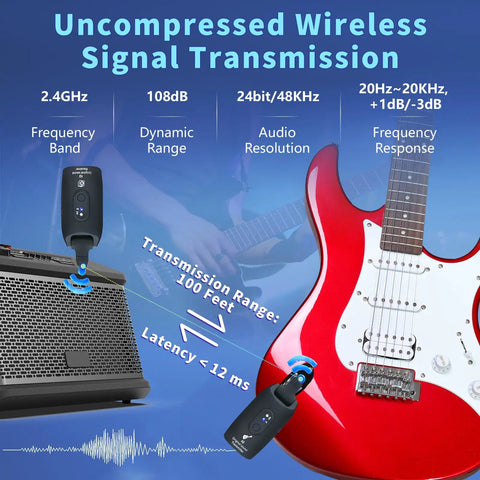 2.4GHz Wireless Guitar System With Plug And Play Rechargeable Transmitter And Receiver, red electric guitar and amplifier