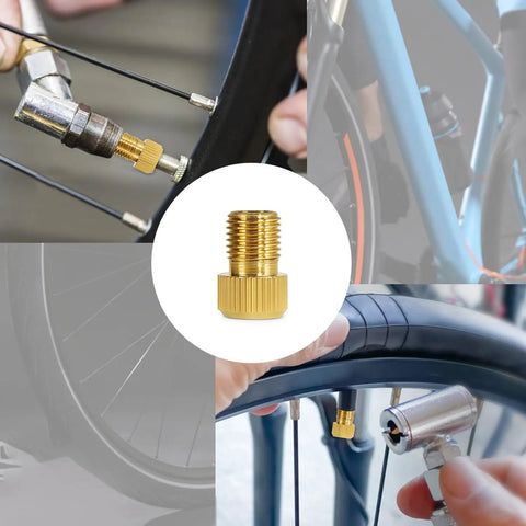 14 Piece Air Pump Adapter Kit with brass nozzle for bike tires shown in use with inflator for quick inflation and leak proof secure fit.