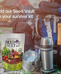Survival Garden Seeds Kit With Over 16,000 Non GMO Heirloom Veggie Seeds, 35 Varieties next to camping gear outdoors.