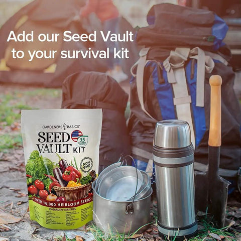 Survival Garden Seeds Kit With Over 16,000 Non GMO Heirloom Veggie Seeds, 35 Varieties next to camping gear outdoors.