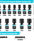 Quarter Inch Drive Impact Universal Joint Socket Set, 14 Piece Metric 5 to 15mm Swivel Sockets With 2 Inch Extension Bars