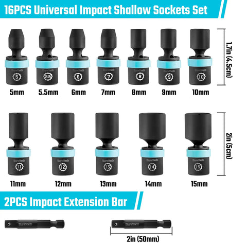 Quarter Inch Drive Impact Universal Joint Socket Set, 14 Piece Metric 5 to 15mm Swivel Sockets With 2 Inch Extension Bars