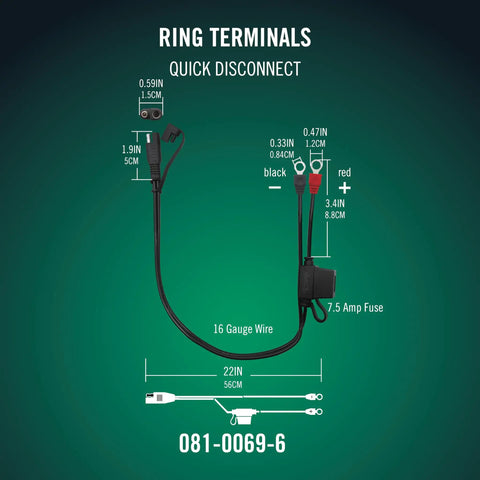 Ring Terminal Harness Cable With SAE Quick Disconnect 18 Inch Cord Adapter For 12V Battery Chargers Easy Quick Connect For Motorcycles Cars ATVs And More Go To Charge Accessory, 16 gauge wire, 7.5A fuse