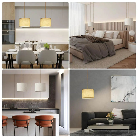 Plug In Pendant Lights With Smooth Dimmer Switch And 15 Foot Braided Hemp Cord For Super Chill Bedroom Or Living Room Vibes Two Pack Quick Hook Up Beige Linen Shades in different room settings.