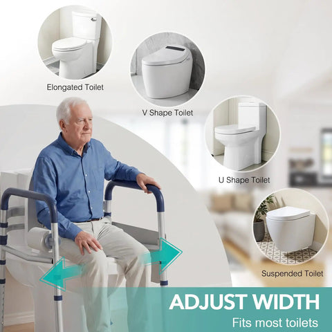 Senior man using adjustable toilet safety rails next to various toilet shapes for stability and support.
