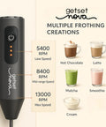 Rechargeable Milk Frother And Coffee Whisk With Dual Spring Tech, Whisper Quiet, shown with speed settings and drink options