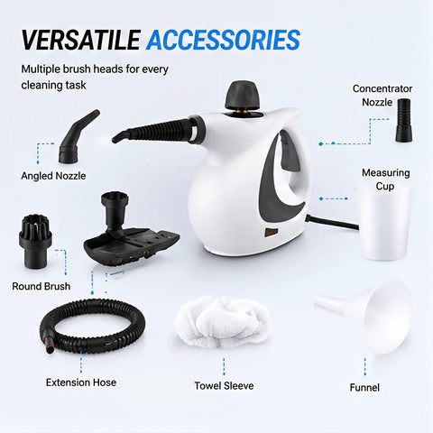 Powerful 1050w Handheld Steam Pro Cleaner For Home With 230 Degree High Pressure And 12 Accessories includes multiple nozzles and brushes.