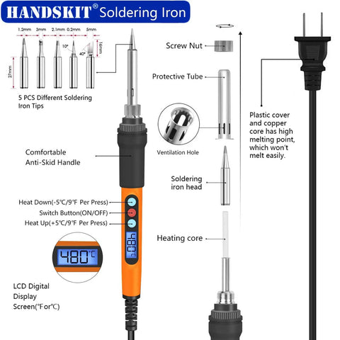 Adjustable 90W Soldering Iron Kit With LCD Temperature Display DIY Friendly 13 In 1 Soldering Gun Set diagram showing components