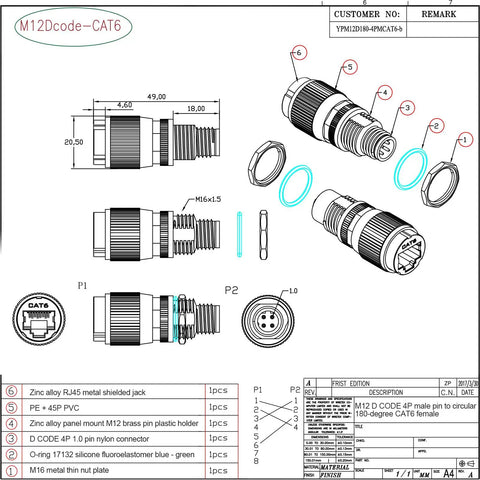 Technical diagram of M12 To RJ45 10Gbps Ethernet Adapter components with dimensions and assembly guide for industrial use.