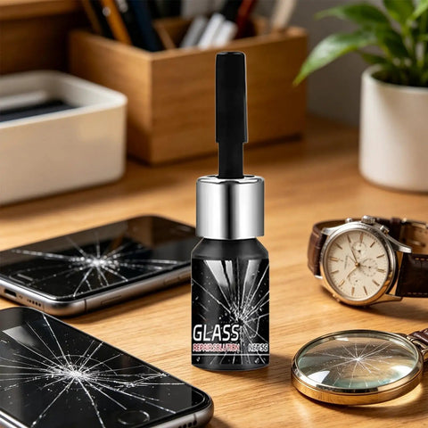 Scratch Repair Liquid For Glass Surfaces Quick Fix On The Go Clear Cracks And Scratches From Windscreens Watches Glasses And Home Screens With Portable Glass Repair Fluid bottle on desk with cracked phone screens and watch
