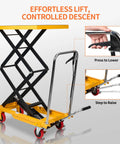 Heavy Duty Hydraulic Lift Table Cart Supporting 400 Pounds Featuring Built Like A Tank Steel Frame And Smooth Foot Pump For No Sweat Loading Plus Easy Hauling Across Shop Floors, showing lift mechanism and handles.