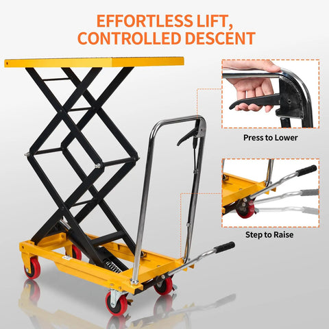 Heavy Duty Hydraulic Lift Table Cart Supporting 400 Pounds Featuring Built Like A Tank Steel Frame And Smooth Foot Pump For No Sweat Loading Plus Easy Hauling Across Shop Floors, showing lift mechanism and handles.