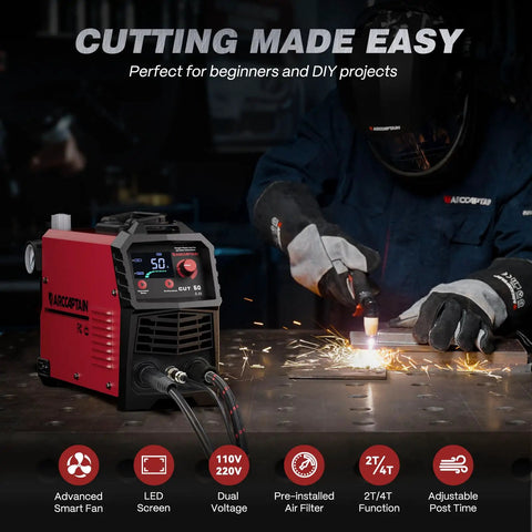 Dual Voltage Plasma Cutter 50 Amp With Large LED Display 110 220V IGBT Inverter in use in a workshop for metal cutting