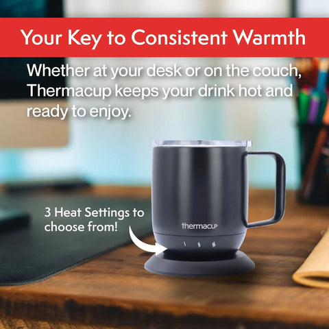 Electric Smart Coffee Mug With Led Display And Precise Temperature Control Keeps Your Daily Grinds Piping Hot Auto Shut Off Feature Three Custom Heat Settings For Flawless Sips Everywhere on a desk with three heat settings displayed.
