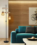 Two Light Rattan Floor Lamp With Independent Control Switch Rustic Farmhouse Tall Standing Lamp 68 Inch in living room setting
