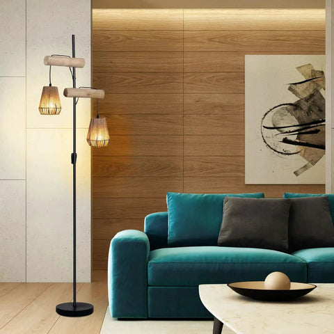Two Light Rattan Floor Lamp With Independent Control Switch Rustic Farmhouse Tall Standing Lamp 68 Inch in living room setting