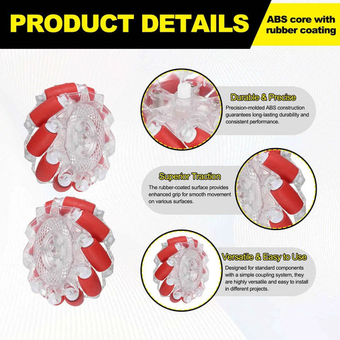 Two Pack Mecanum Wheel Set With Hex Pins And Screws, 66mm By 2.6 Inch ABS Rubber Omnidirectional Wheels For Smart Robot Cars, DIY Builds, Makers And Robotics Projects, Red, showing details of the red ABS rubber-coated wheels in close-up view