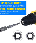 Close-up of drill with 3/8 inch square drive and spiral socket adapter, part of 12 Piece Screw Extractor Set Easy Out Kit With Storage Case For Quick Removal Of Damaged Or Stripped Screws No Fuss Pro Grade Gear For Auto Repairs Woodworking Home Improvements And More.