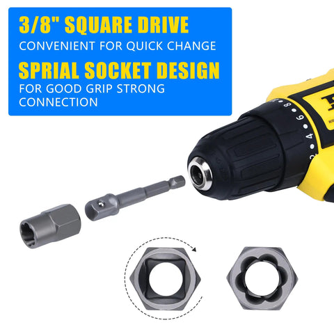 Close-up of drill with 3/8 inch square drive and spiral socket adapter, part of 12 Piece Screw Extractor Set Easy Out Kit With Storage Case For Quick Removal Of Damaged Or Stripped Screws No Fuss Pro Grade Gear For Auto Repairs Woodworking Home Improvements And More.