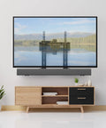 Rock Solid Soundbar Mount Bracket Adjustable Above Or Under TV No Sweat Install under sleek wall-mounted TV with soundbar.
