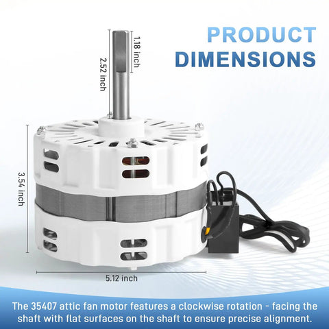 Direct Fit Attic Fan Motor Replacement 120V 1500 RPM with dimensions, designed for attic vents, white casing.
