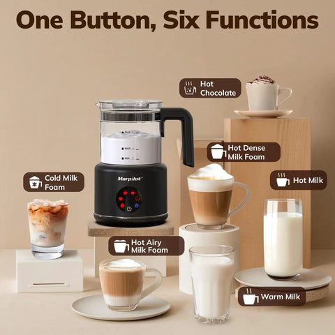 All In One Electric Milk Frother And Steamer For Latte And Hot Chocolate With Boss Froth In Minutes, 16.9oz Capacity, Large Glass Jug, Six Functions, Dishwasher Safe, BPA Free, Black Glass displayed with various milk foam types