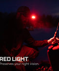 Man fishing at night with Mycro 500 Plus Rechargeable Headlamp With 500 Lumens, Seven Light Modes, Water Resistant, showing red light mode.