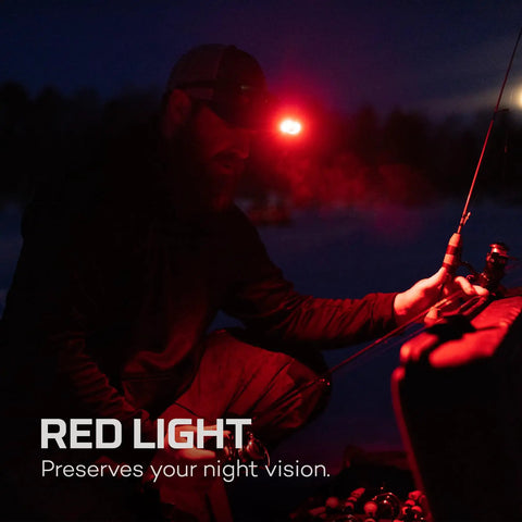 Man fishing at night with Mycro 500 Plus Rechargeable Headlamp With 500 Lumens, Seven Light Modes, Water Resistant, showing red light mode.