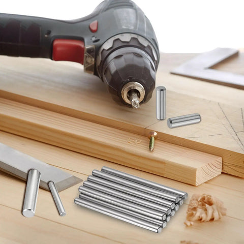 Killer Durability 200 Pieces 1 Mm By 6 Mm 304 Stainless Steel Dowel Pins on wooden surface with drill and cutting tool.