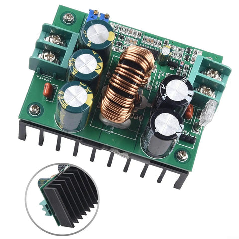 Heavy Duty DC DC Boost Converter Module 1200W Step Up Power Supply showing components and adjustable regulator for solar and car use.